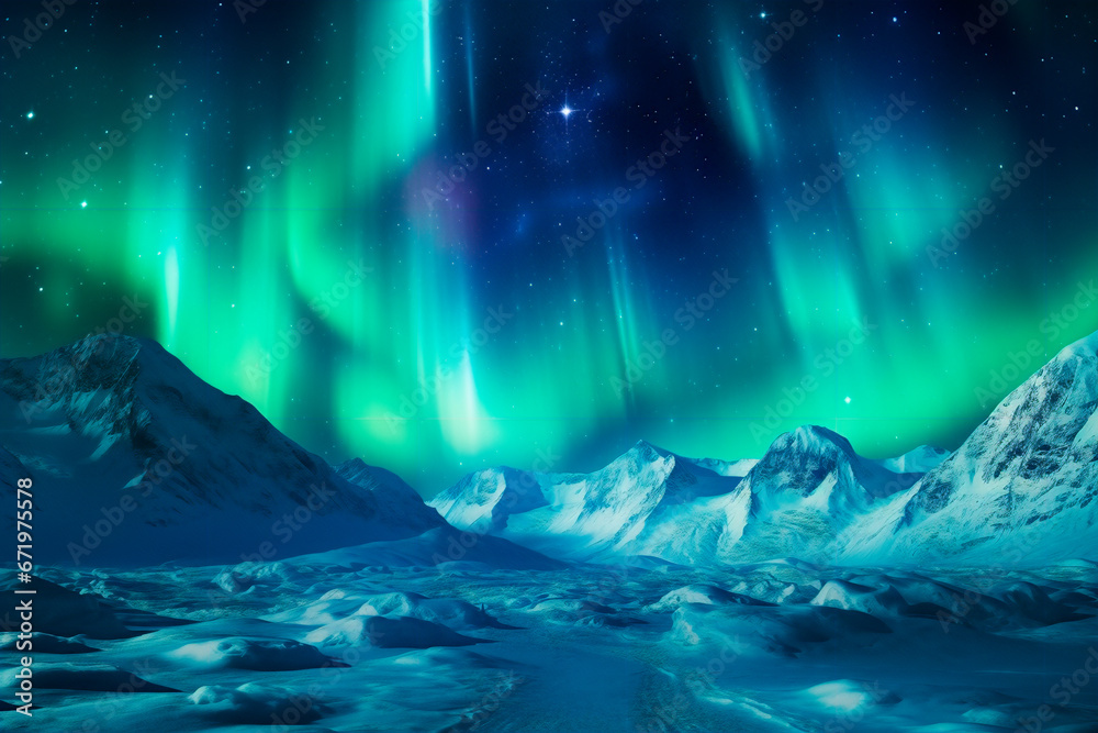 Northern lights on the background of a snowy mountains, a beautiful landscape of the north pole. Bright image