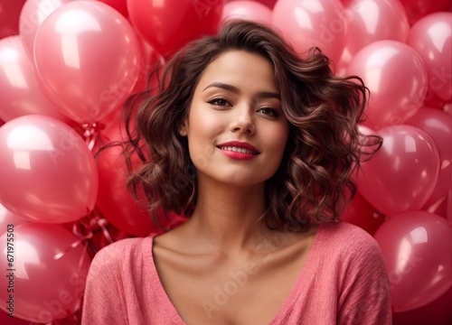 Stunning girl having fun in valentine's day. Studio photo of carefree lady isolated on pink with red balloons. full body © New generate