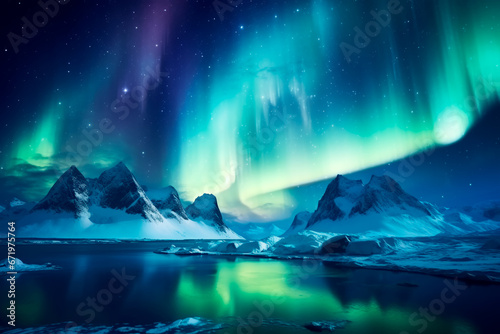 Northern lights on the background of a snowy mountains, a beautiful landscape of the north pole. Bright image © Uliana