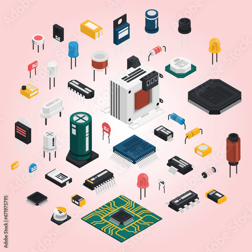 semiconductor electronic components isometric icon set