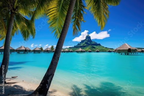 Tropical island with water bungalows and coconut palm trees  Luxury overwater villas with coconut palm trees  blue lagoon  white sandy beach at Bora Bora island  Tahiti  French  AI Generated