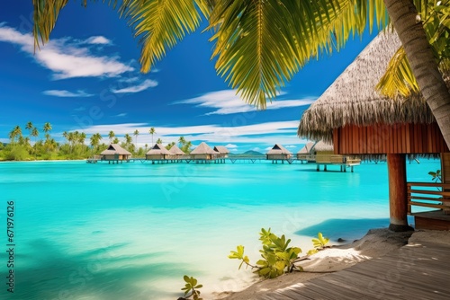 tropical beach in Maldives with few palm trees and blue lagoon  Luxury overwater villas with coconut palm trees  blue lagoon  white sandy beach at Bora Bora island  Tahiti  French  AI Generated