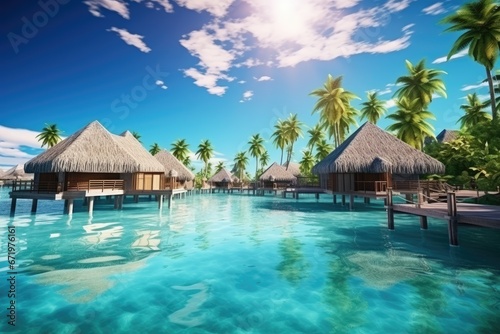 Beautiful beach with water bungalows at Maldives. 3D rendering, Luxury travel vacation destination panoramic banner. Romantic honeymoon getaway in overwater bungalows villas, AI Generated