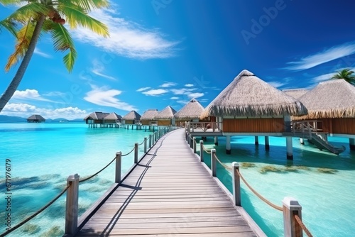 tropical beach in Maldives with few palm trees and blue lagoon, Luxury travel vacation destination panoramic banner. Romantic honeymoon getaway in overwater bungalows villas, AI Generated © Iftikhar alam