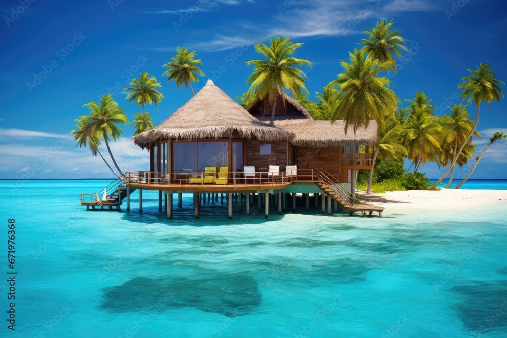 tropical beach with water bungalows and coconut palm trees at Maldives, Maldives Islands Tropical, AI Generated