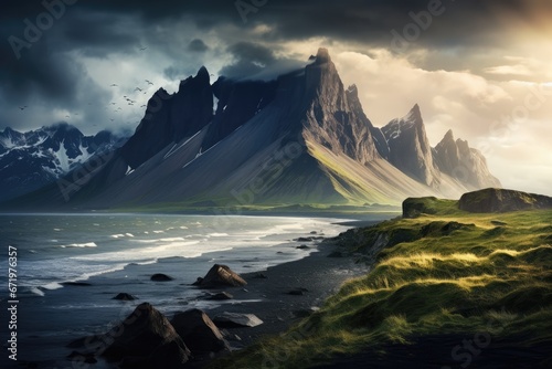 Fantasy landscape with mountains and fjord. 3d rendering, Majestic summer scene of Stokksnes headland with Vestrahorn Batman Mountain on background, AI Generated