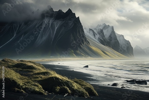 Beautiful landscape of Vestrahorn mountain in Iceland, Europe, Majestic summer scene of Stokksnes headland with Vestrahorn Batman Mountain on background, AI Generated