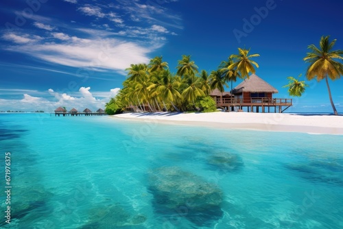 tropical beach on Maldives with few palm trees and blue lagoon, Maldives Islands Tropical, AI Generated