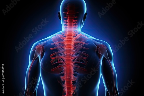 3D Illustration of Male Feeling the Back Pain - Biceps, Male Hurt Backbone Vertebrae Pain, 3d, AI Generated
