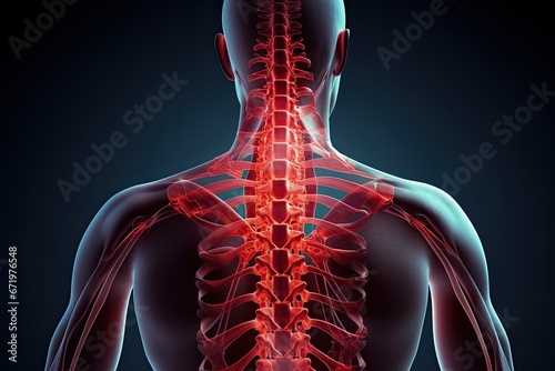 Human skeleton anatomy - visible bones. 3D Rendered medical illustration, Male Hurt Backbone Vertebrae Pain, 3d, AI Generated photo