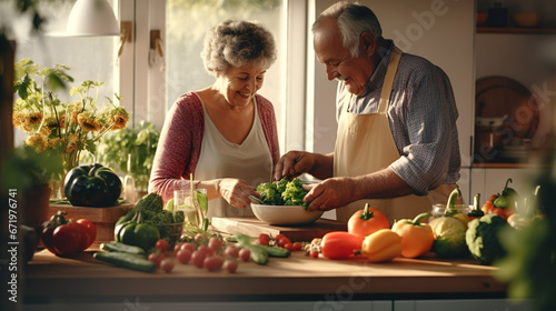 An elderly couple making a healthy vegetarian meal using vegetables together, kitchen background, backlighting.