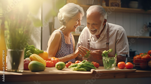 An elderly couple making a healthy vegetarian meal using vegetables together  kitchen background  backlighting.