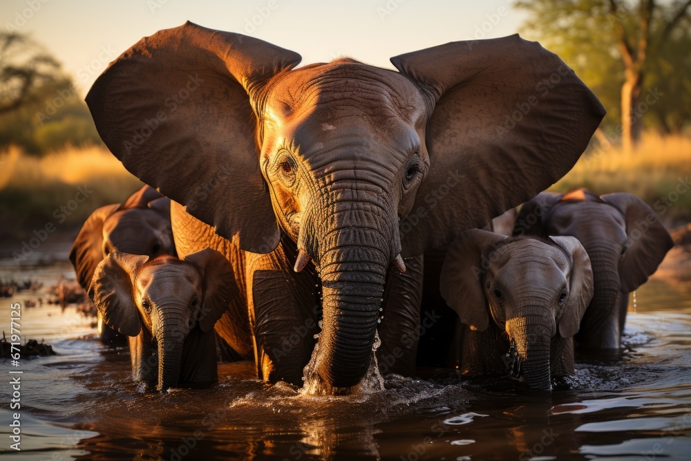 Fototapeta premium Group of elephants at a watering hole, Generative AI