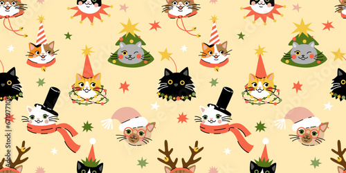 Seamless pattern with Cute cartoon cats wearing different Christmas outfits.  Hand drawn vector illustration. Funny xmas background. © Radiocat