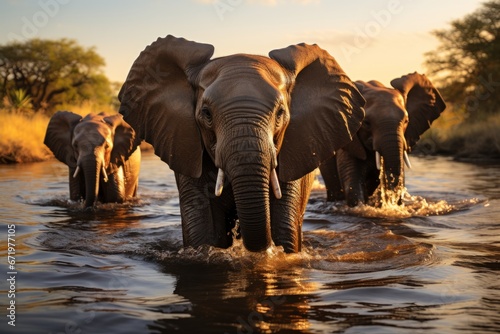 Group of elephants at a watering hole, Generative AI photo