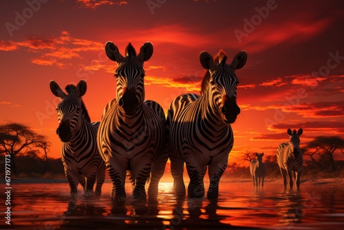 Group of zebras silhouetted against a vivid sunset, Generative AI