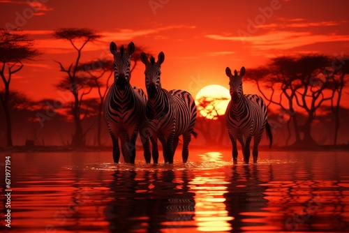 Group of zebras silhouetted against a vivid sunset  Generative AI