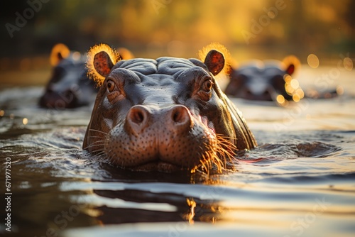 Hippos basking in a river under the sun, Generative AI