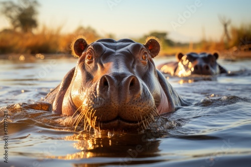 Hippos basking in a river under the sun, Generative AI