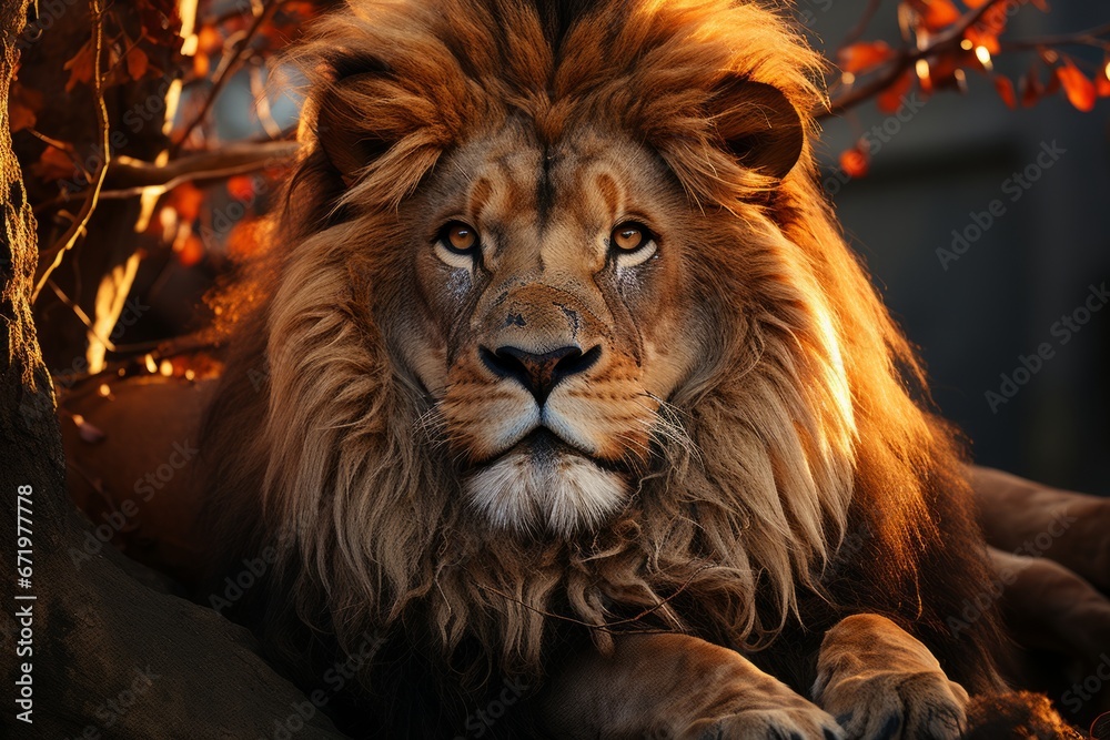 Naklejka premium Majestic lion resting in the savannah, Generative AI