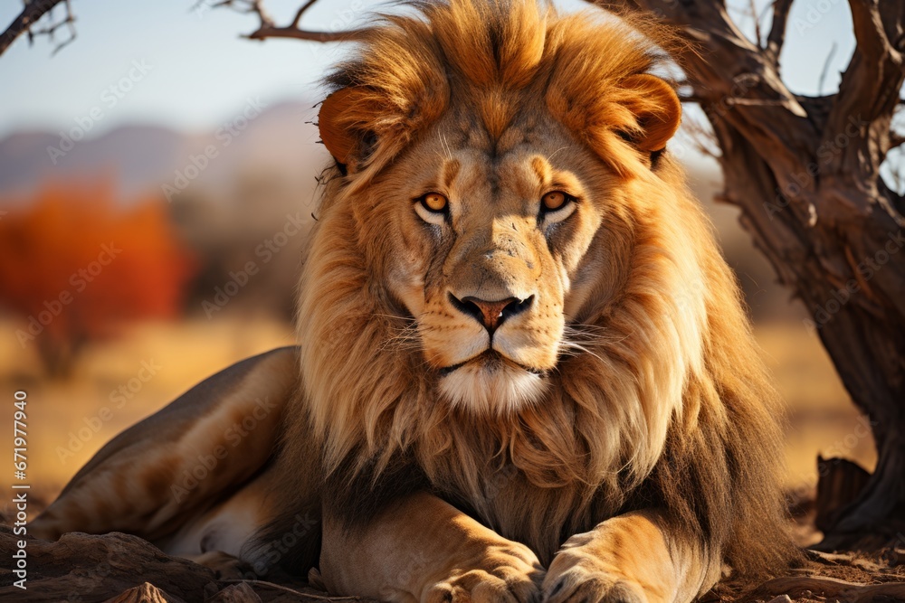 Majestic lion resting in the savannah, Generative AI