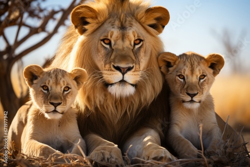 Pride of lions resting in the shade of a tree, Generative AI