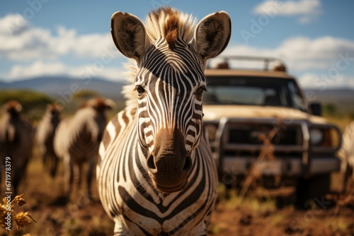 Safari jeep surrounded by a herd of zebras  Generative AI 