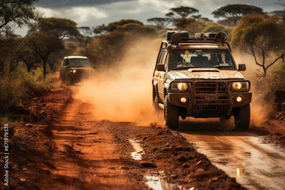 Safari vehicle on a dusty African road, Generative AI