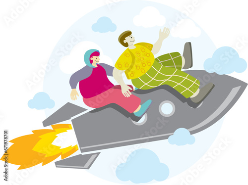 COLORFUL AND PLAYFUL ROCKET LAUNCH TO THE SKY  VECTOR ILLUSTRATION    GOOD FOR NEW PRODUCT LAUNCH AT SOCIAL MEDIA WEBSITES FLYER BANNER POSTER BILLBOARD. STARUP SCHOOL UNIVERSITY PRE-SCHOOL  BABY SHOP