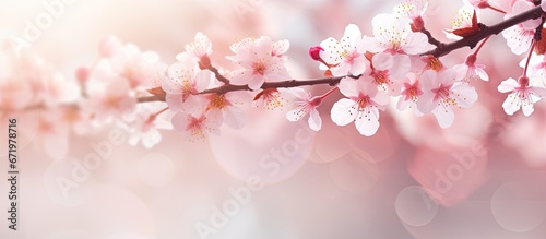Background with a blurred image of cherry blossoms in the spring © 2rogan