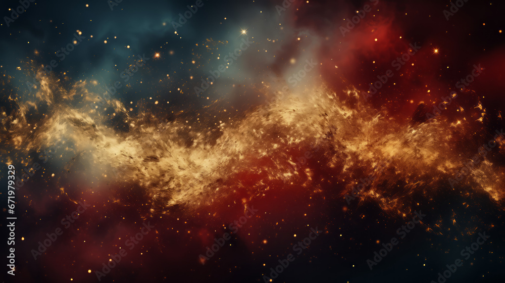 Naklejka premium A gold abstract painting on a dark teal and red background, suitable for use as a background, wallpaper, or wall art.