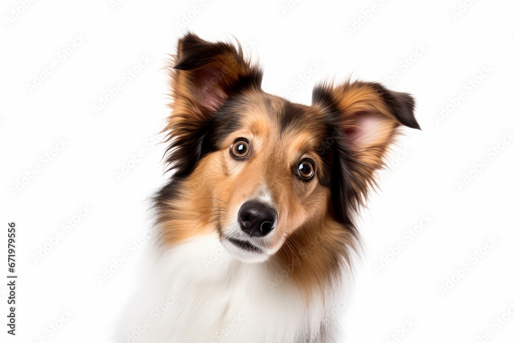 Photo of a curious Shetland Sheepdog looking inquisitive on a spotless white background. Generative AI