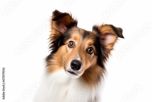 Photo of a curious Shetland Sheepdog looking inquisitive on a spotless white background. Generative AI