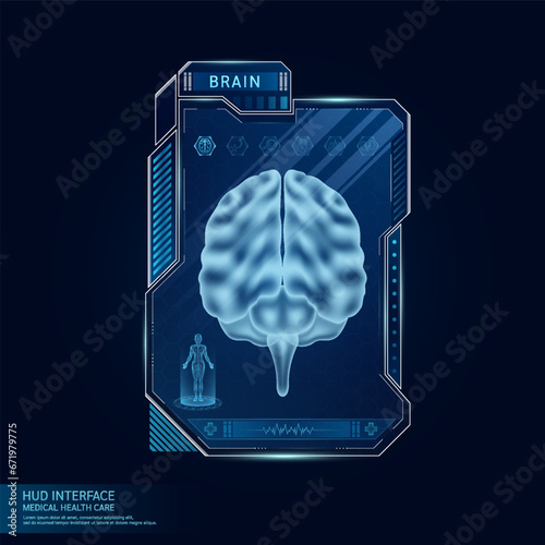 Brain in display card HUD interface medical. Human organ hologram with ultrasound diagnosis with AI innovative technology medical health care. Virtual touch UI screen frame. Vector.