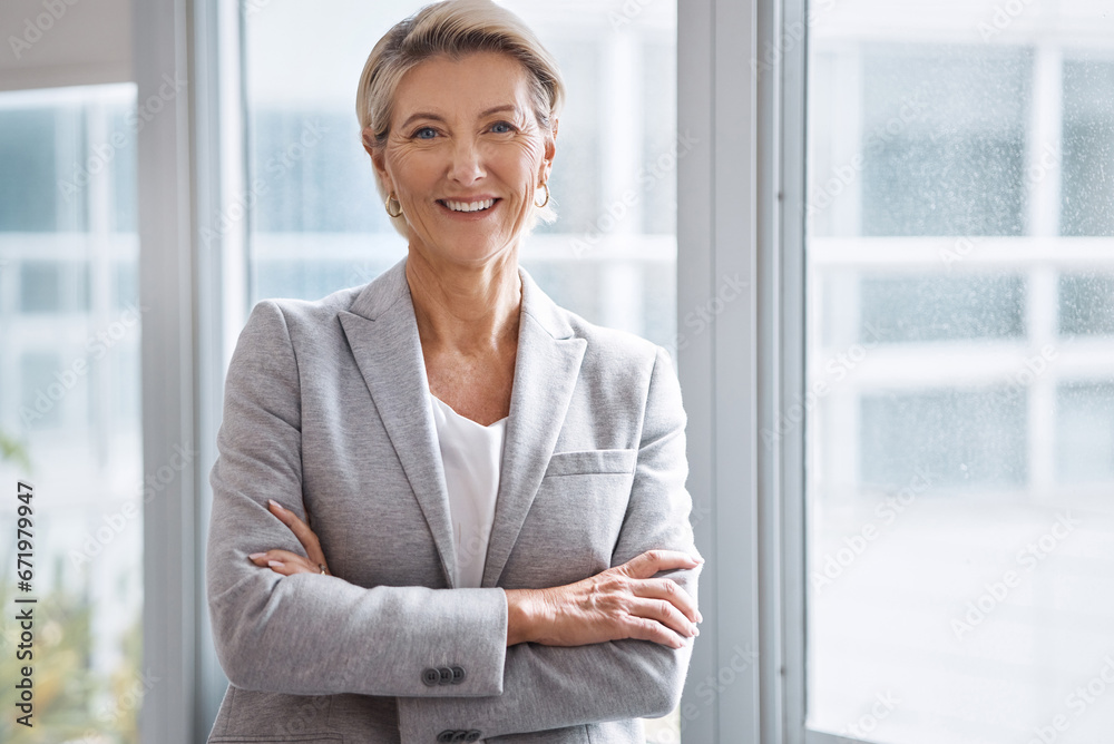 Business woman, portrait or arms crossed by window in corporate financial, investment company or insurance office. Smile, happy or confident mature ceo in about us with success mindset for management - obrazy, fototapety, plakaty 
