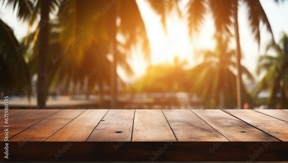 Top of the wooden table with the beach background. Top of the wooden table with the beach background.