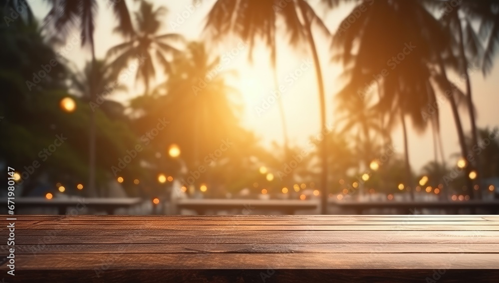 Top of the wooden table with the beach background.