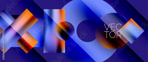 Squares and circles design. Fluid color gradients with metallic effects. Serene synergy of shapes, merging squares and circles into harmonious, captivating design