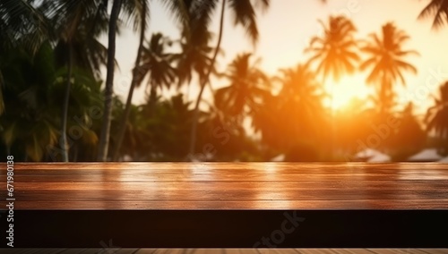 Top of the wooden table with the beach background.