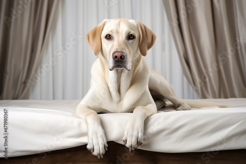 Photo of a dignified Labrador Retriever in a regal pose on a clean white sheet. Generative AI