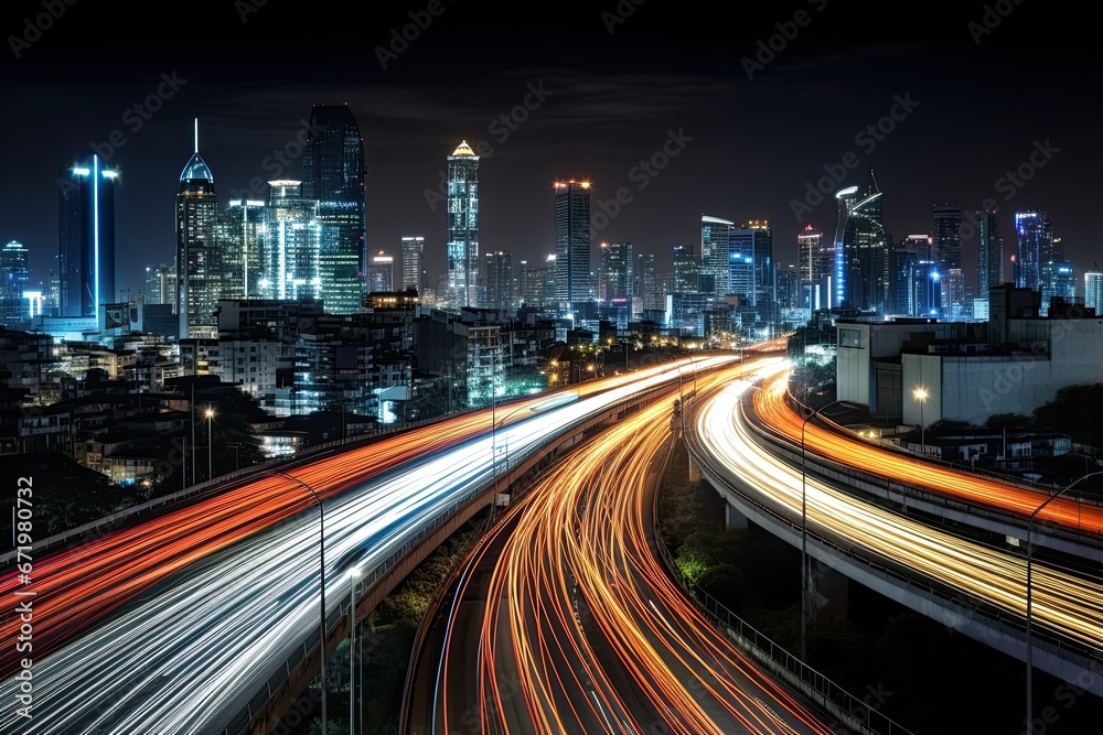 Obraz premium Velocity Vista: Flyover Highway in Blurred Bangkok Night Scene