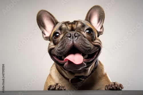 Photo of a French bulldog with a big, contagious smile on a clean white background. Generative AI © Aditya