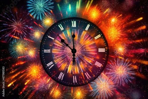 new year celebration countdown to midnight clock and fireworks. AI generative photo