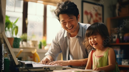  A joyful moment between a man and a young girl, both sharing a hearty laugh. The warm indoor setting is filled with plants and art pieces, suggesting a cozy home environment.
