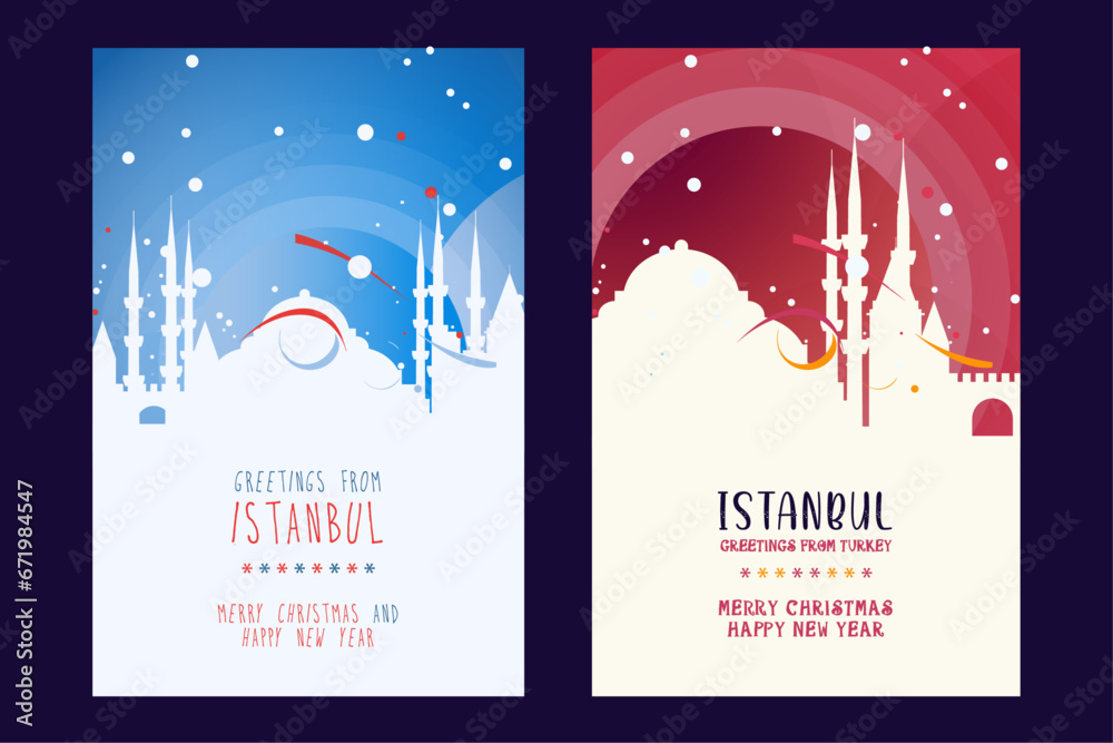 Naklejka premium Istanbul city poster with Christmas skyline, cityscape, landmarks. Winter Turkey holiday, New Year vertical vector layout for brochure, website, flyer, leaflet, card