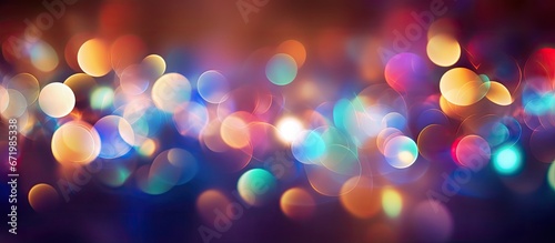 An illustration of blurred and defocused colorful abstract Christmas lights in a multicolored circular shape against a bokeh background