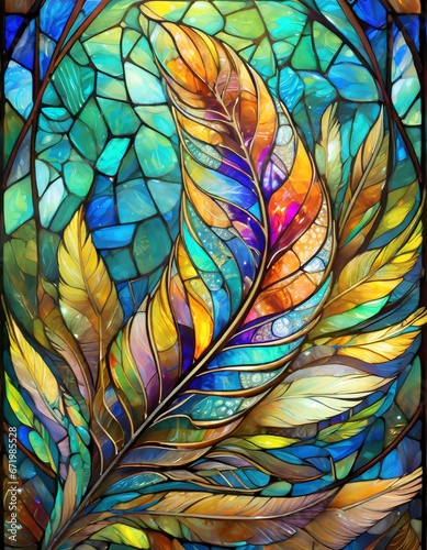 カラフルな羽根のステンドグラス風壁紙