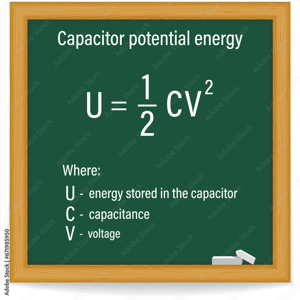 Capacitor Potential Energy Formula on a green chalkboard. Education