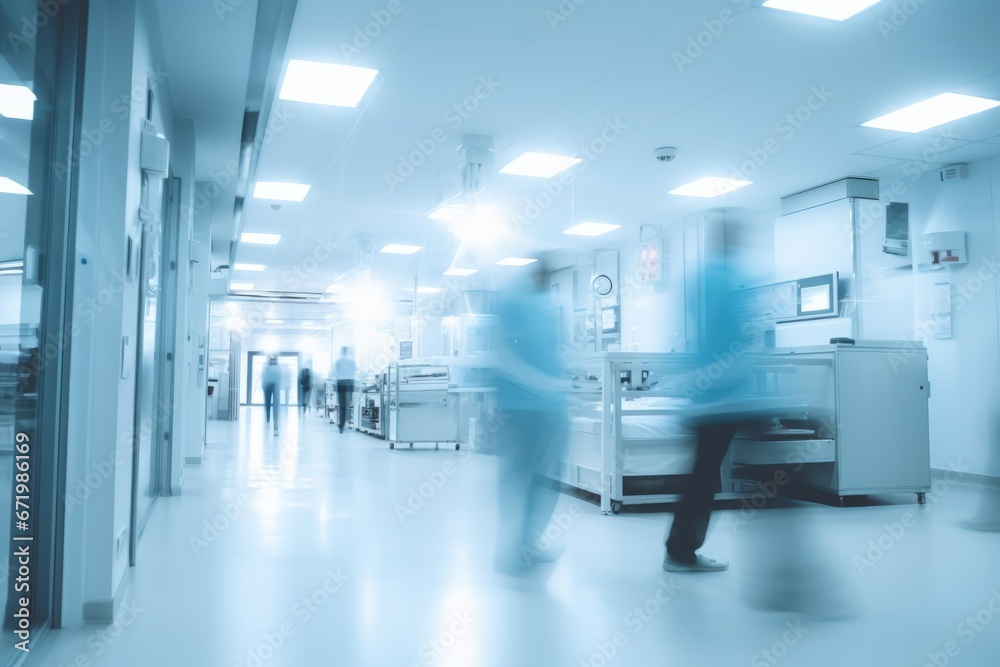Abstract medical people in white blue hospital corridor and ward room background with motion blur person.