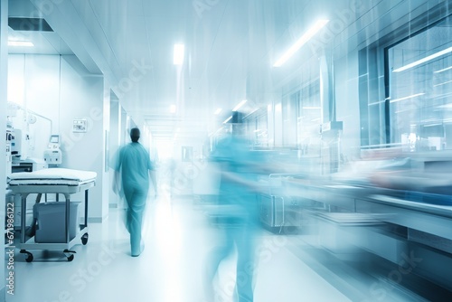 Abstract medical people in white blue hospital corridor and ward room background with motion blur person. photo